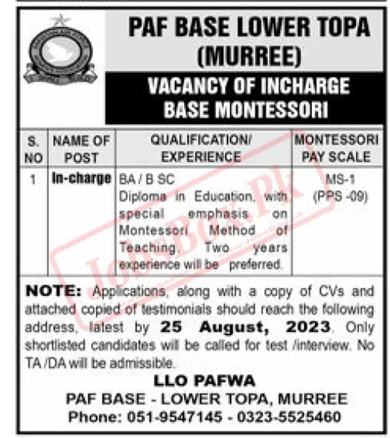Pakistan Air Force PAF Base Lower Topa Murree Jobs 2023