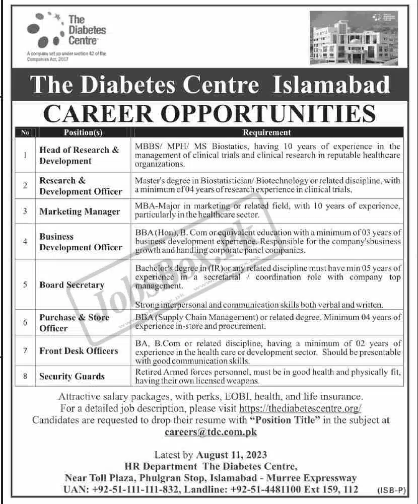 The Diabetes Centre Islamabad Jobs 2023 Send Online CVs