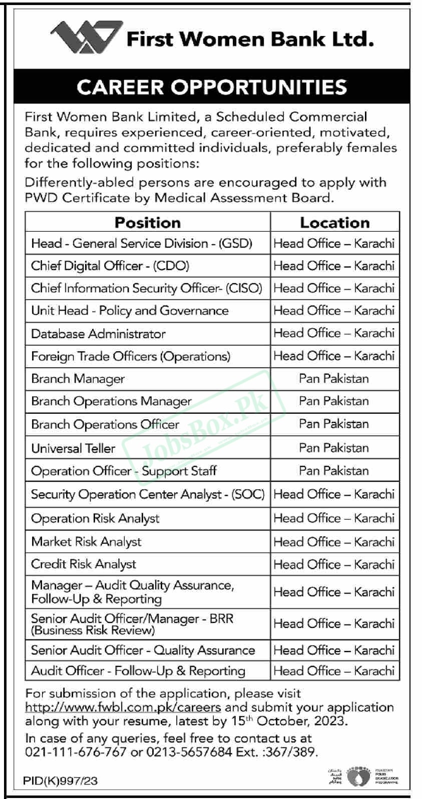 FWBL Jobs 2023 First Women Bank Limited