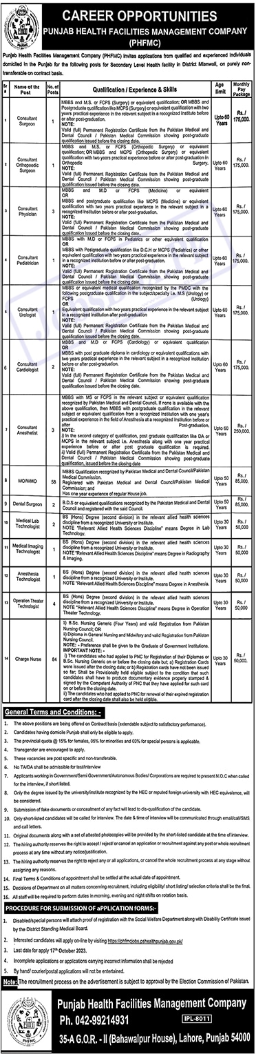 PHFMC Jobs 2023 - Punjab Health Facilities Management Company