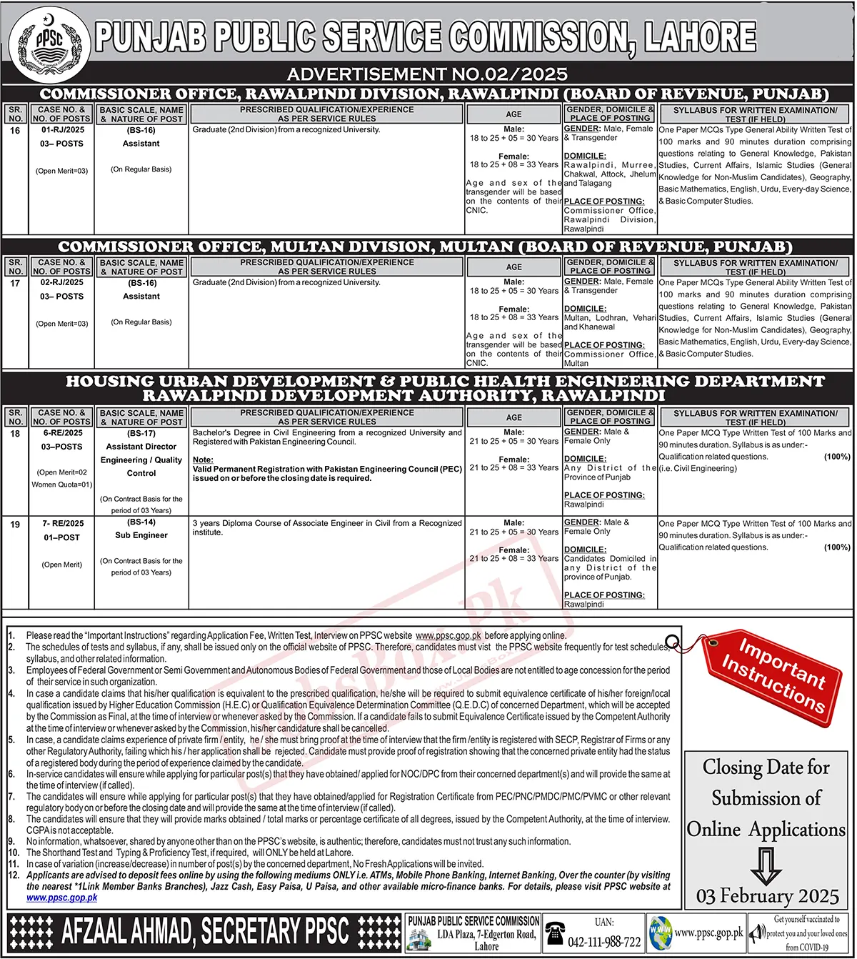 PPSC Advertisement No. 02/2025