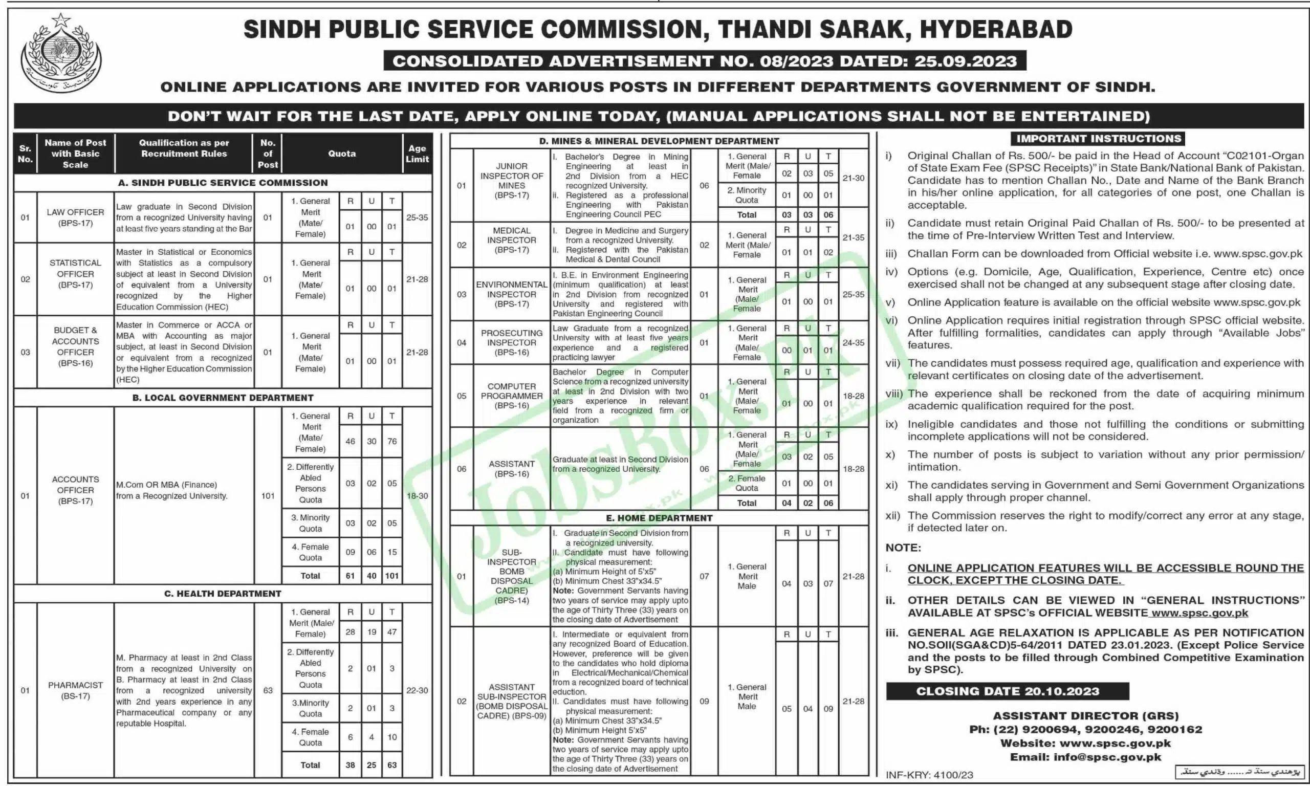 SPSC Jobs 2023 - SPSC Advertisement No. 08