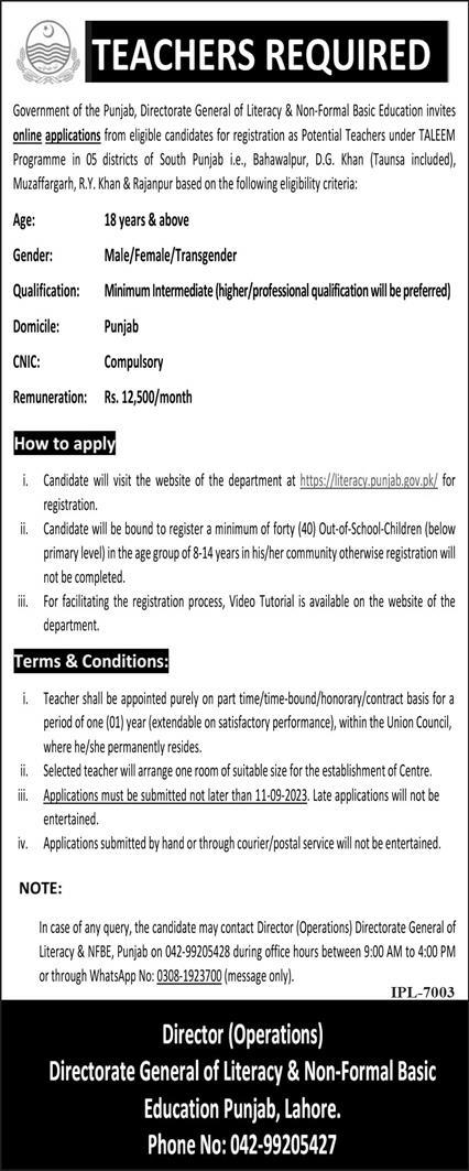 Teachers Required for TALEEM Programme in South Punjab