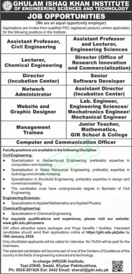 GIK Institute of Engineering Science & Technology Jobs