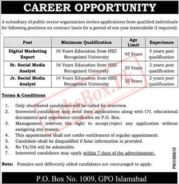 PO Box No 1009 GPO Islamabad Jobs