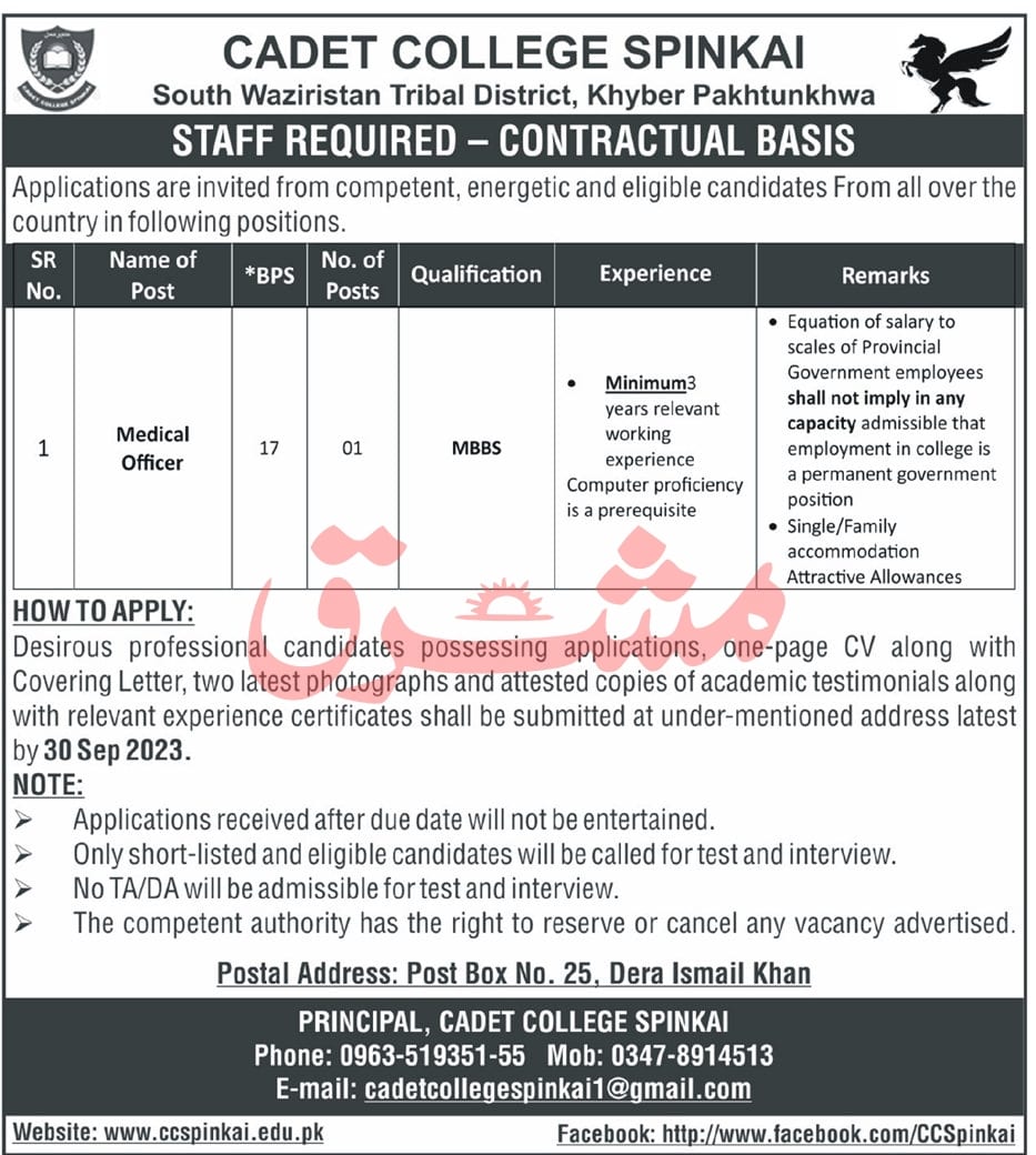 Cadet College Spinkai Jobs 2023