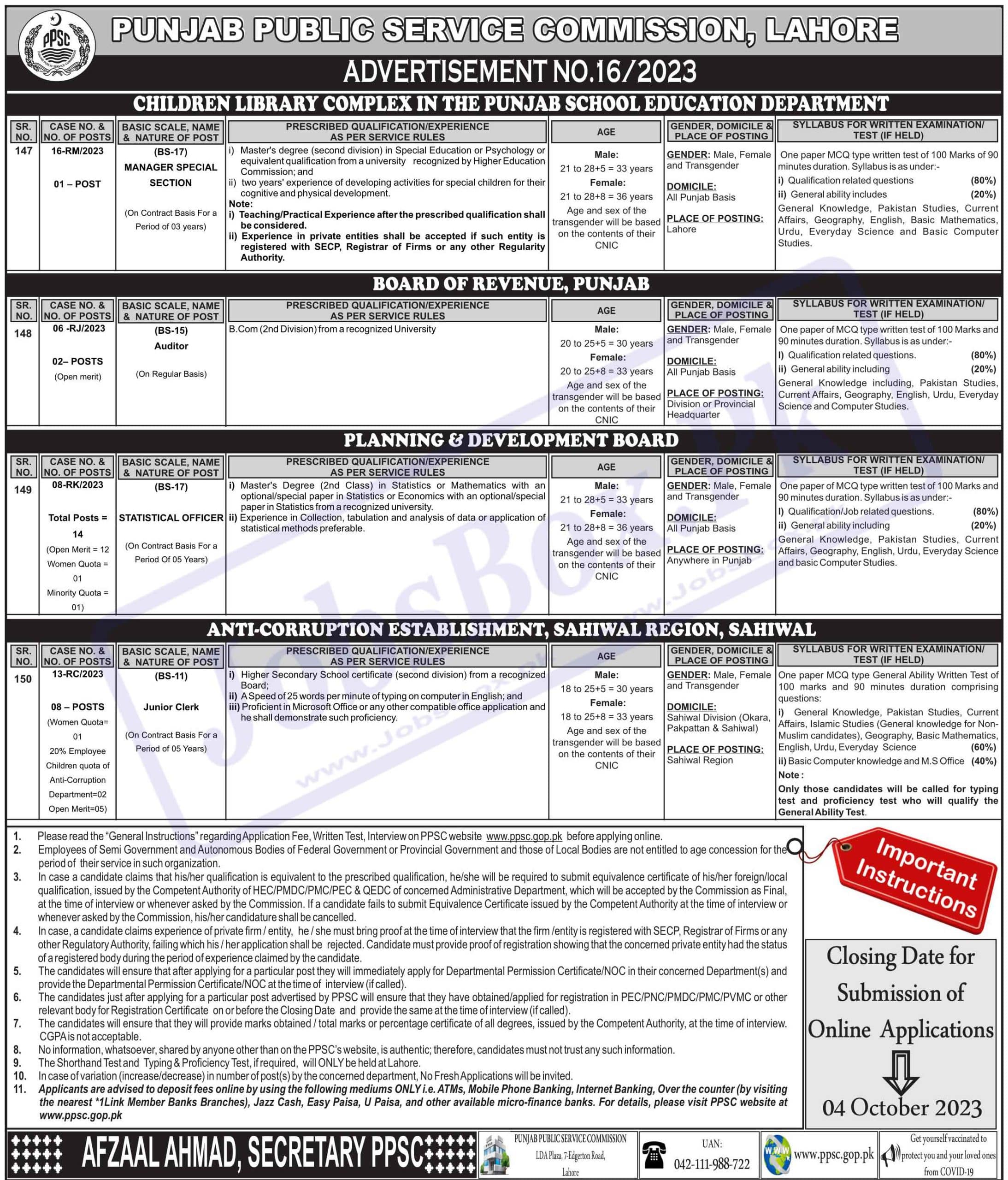 PPSC Jobs Advertisement No. 16/2023