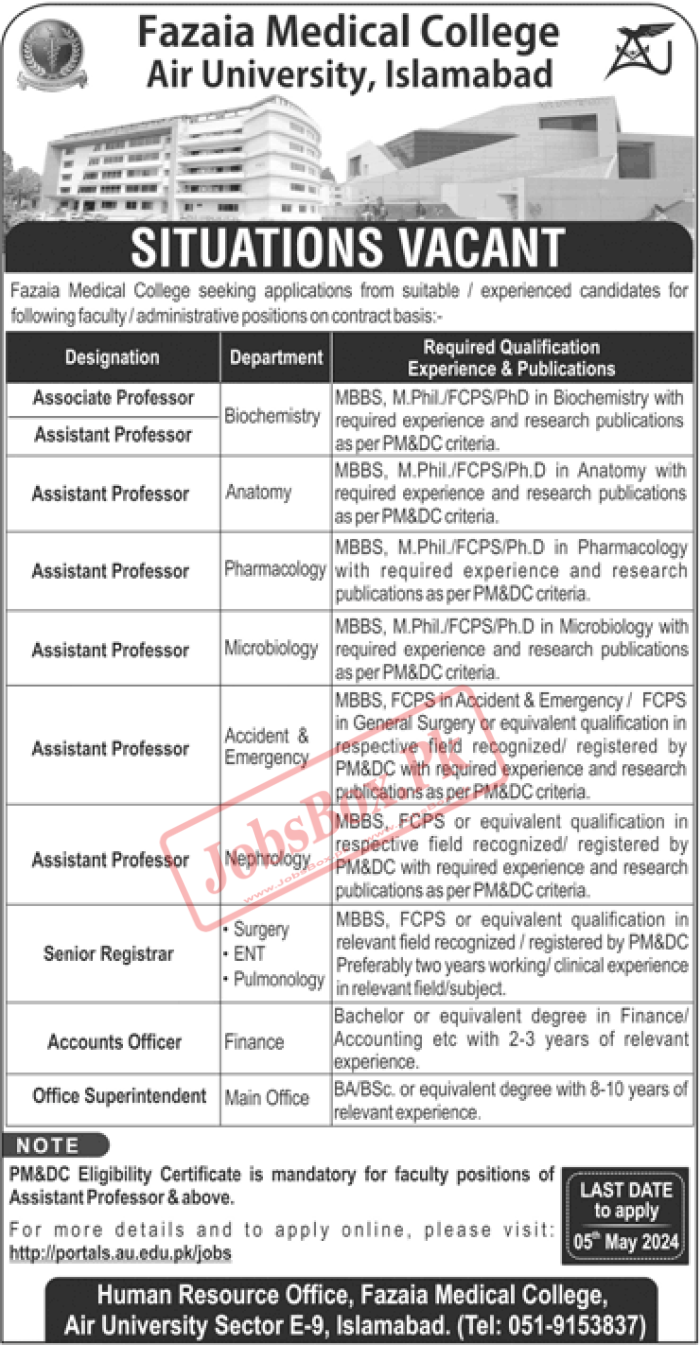 Fazaia Medical College Air University Islamabad Jobs 2024