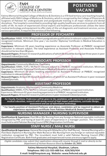 Fmh College Of Medicine and Dentistry Jobs 2023