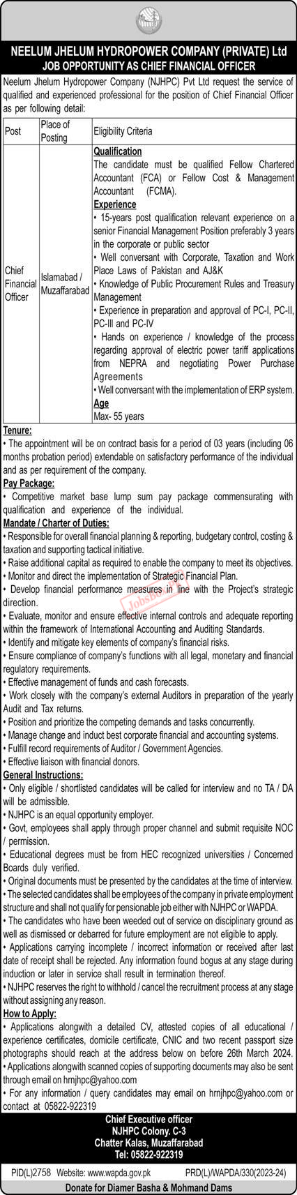 Neelum Jhelum Hydropower Company NJHPC Jobs 2024