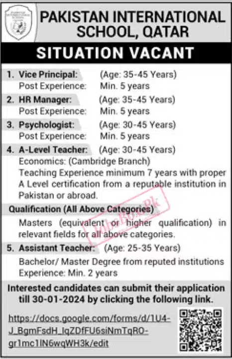 Pakistan International School Qatar Jobs 2024