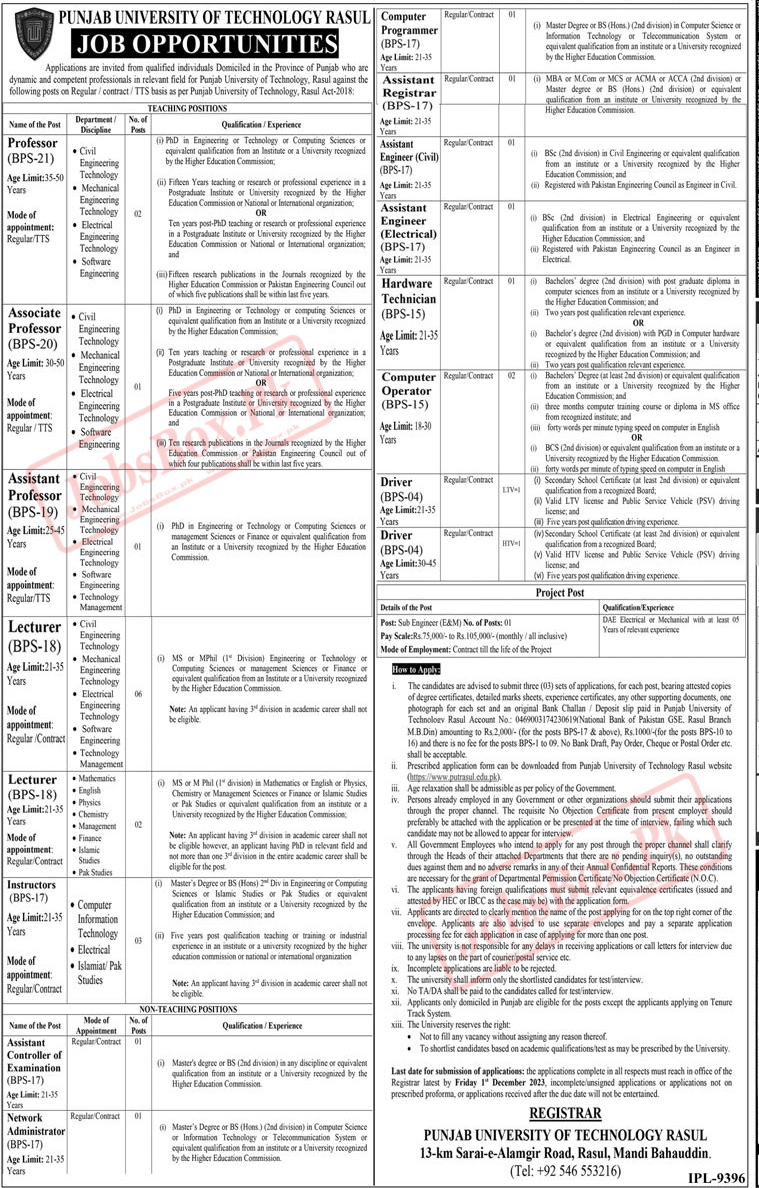 Punjab University of Technology Jobs 2023