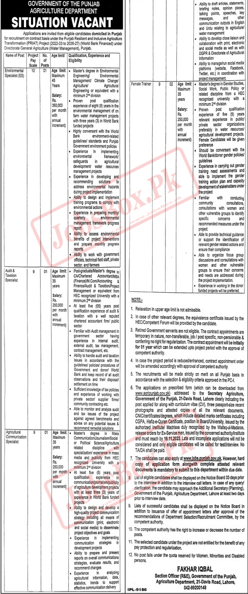 Agriculture Department Punjab Jobs 2023