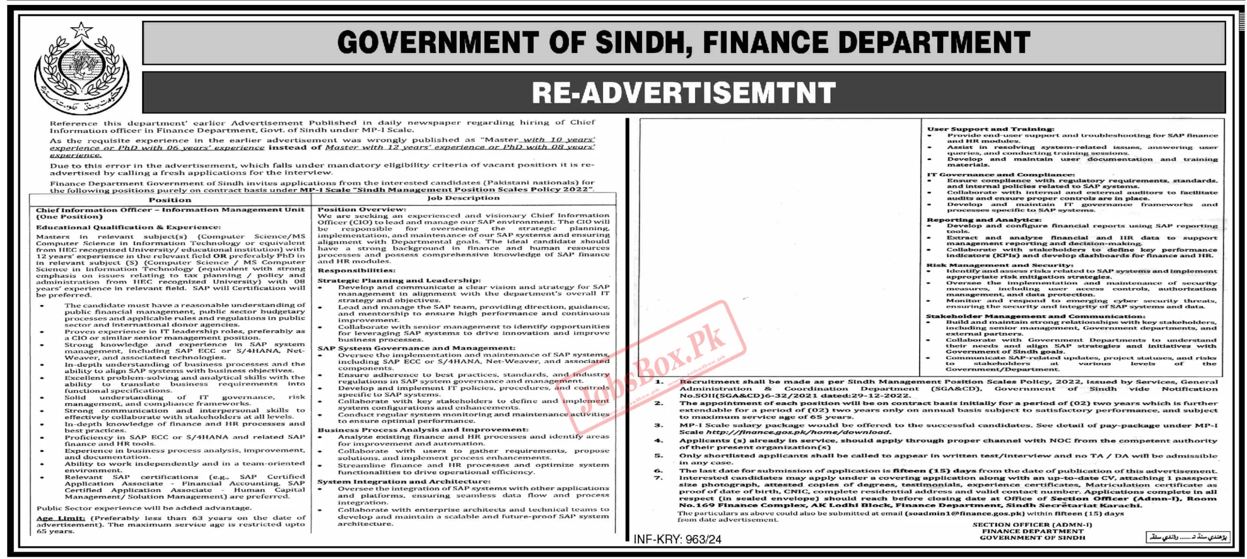 Finance Department Sindh Jobs 2024