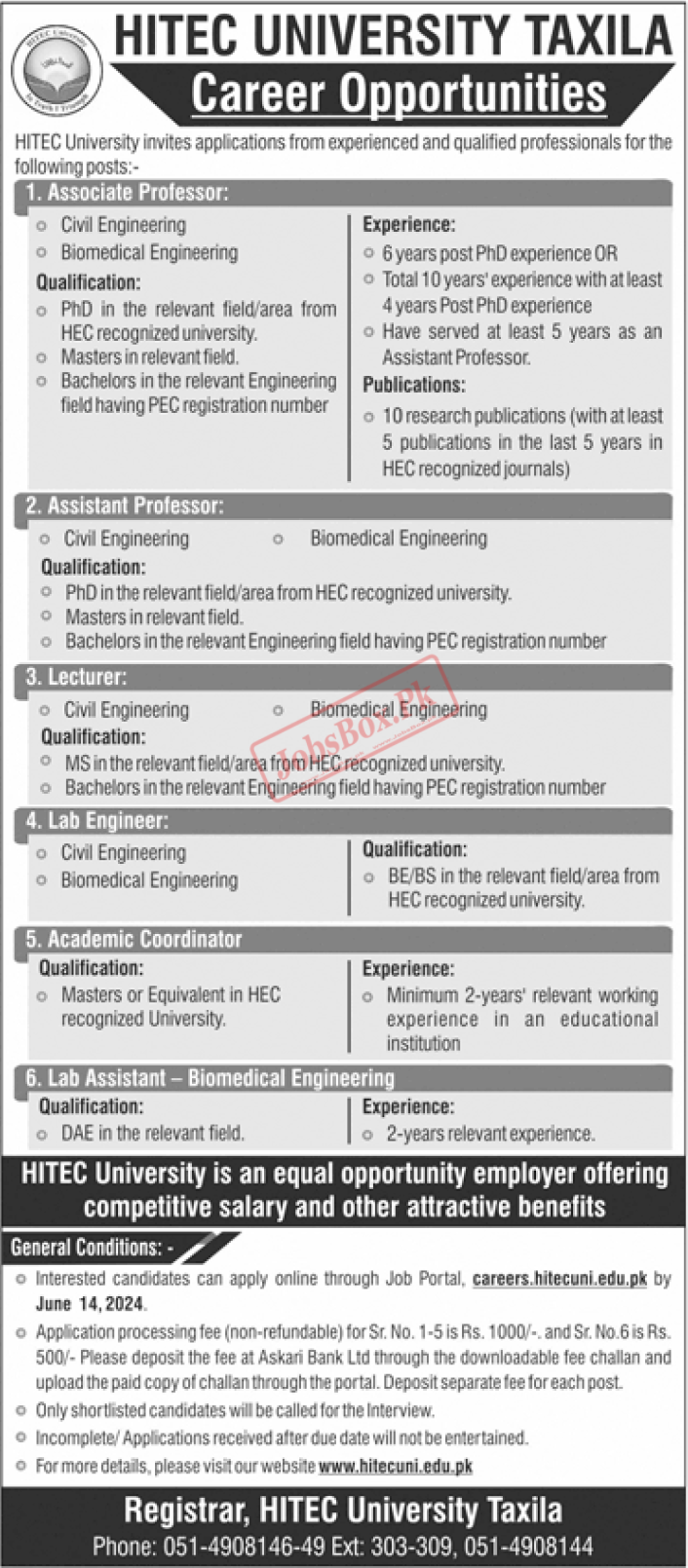 HITEC University Taxila Jobs 2024 