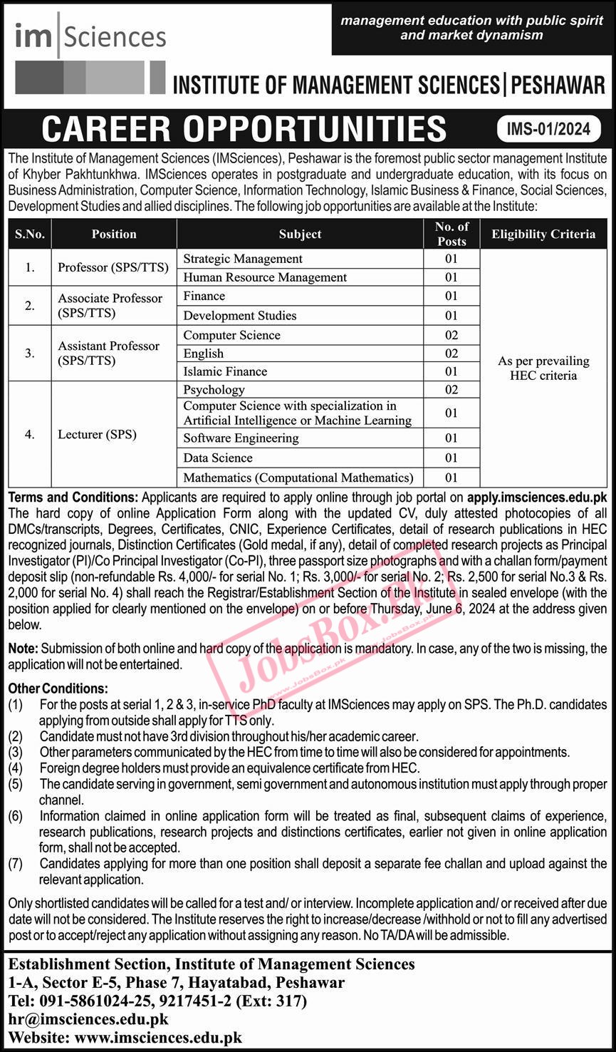 Institute of Management Sciences Peshawar Jobs 2024