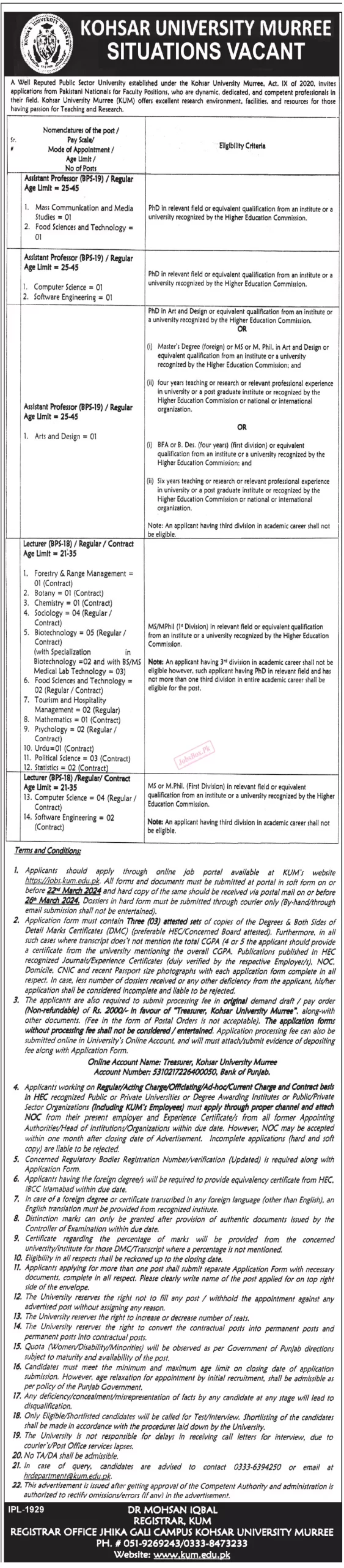 Kohsar University Murree Jobs 2024