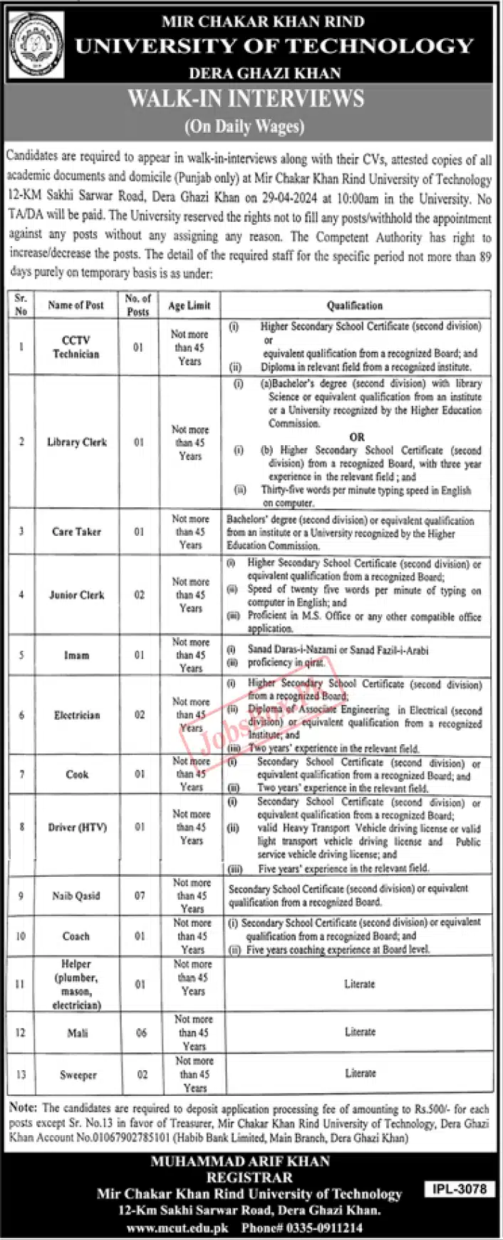 Mir Chakar Khan Rind University Technology Dera Ghazi Khan Jobs 2024