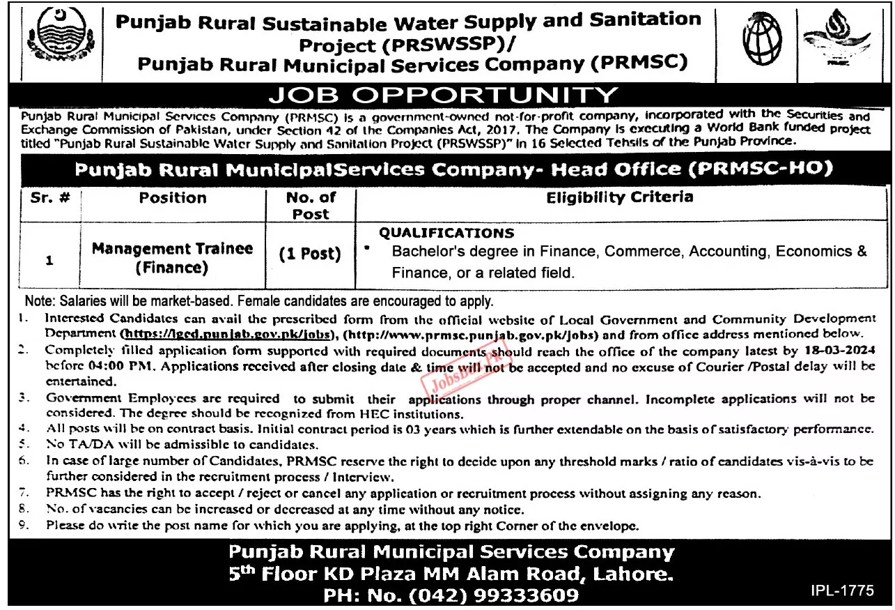 Punjab Rural Municipal Services Company PRMSC Jobs 2024