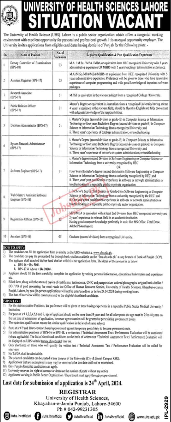 University of Health Sciences UHS Lahore Jobs 2024