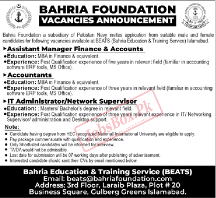 Bahria Foundation Jobs 2024