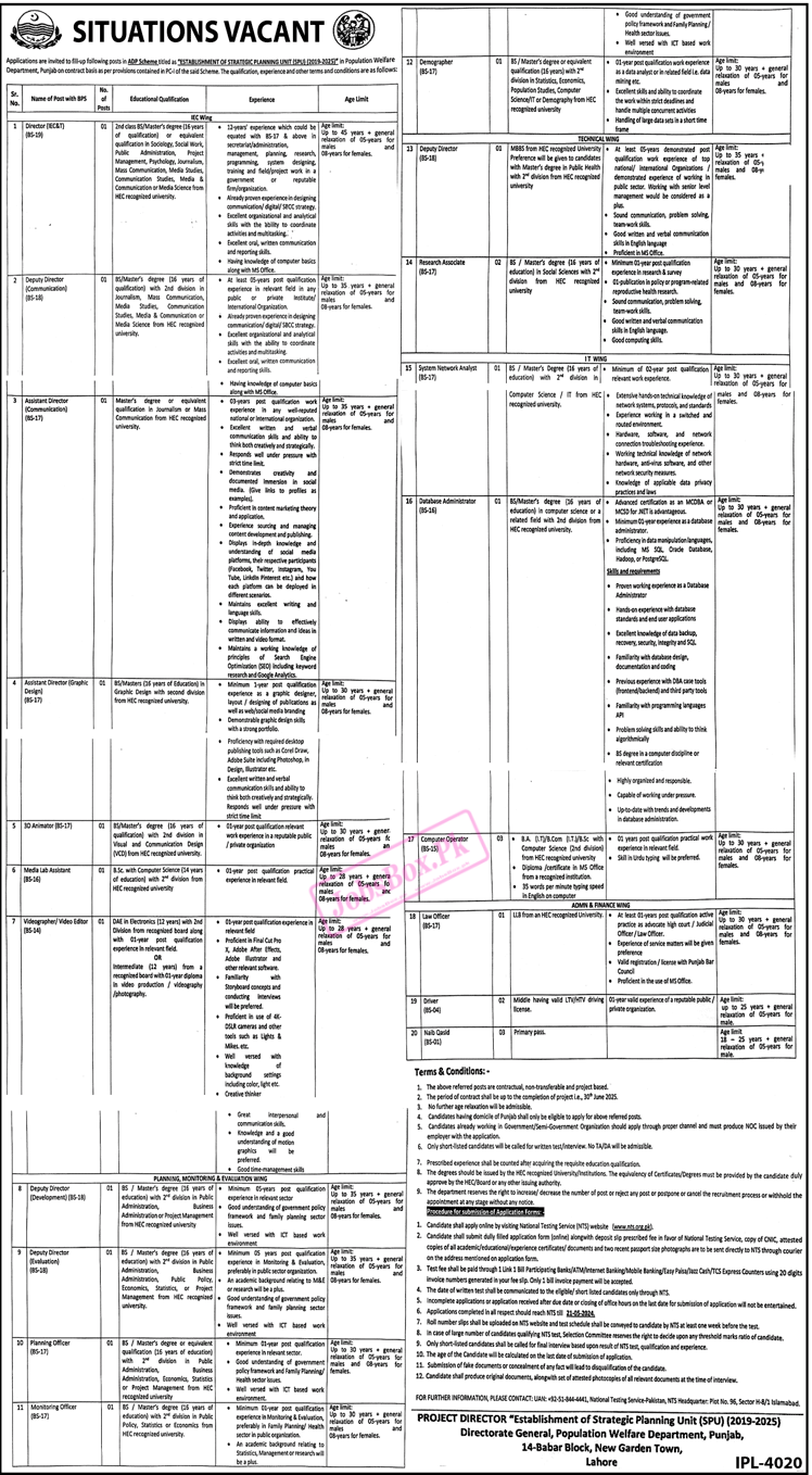 New Population Welfare Department Punjab Jobs 2024