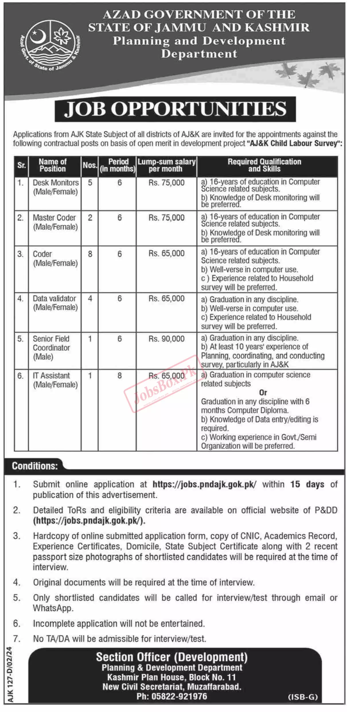 Planning and Development Department AJK Jobs 2024