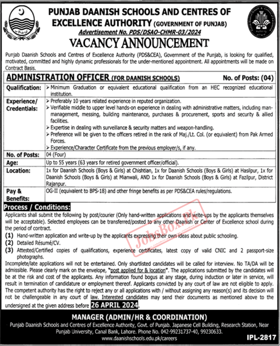 Punjab Daanish Schools Jobs 2024 