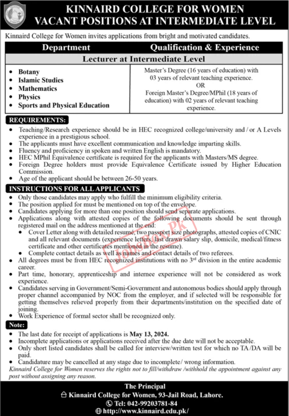 Kinnaird College for Women Jobs 2024