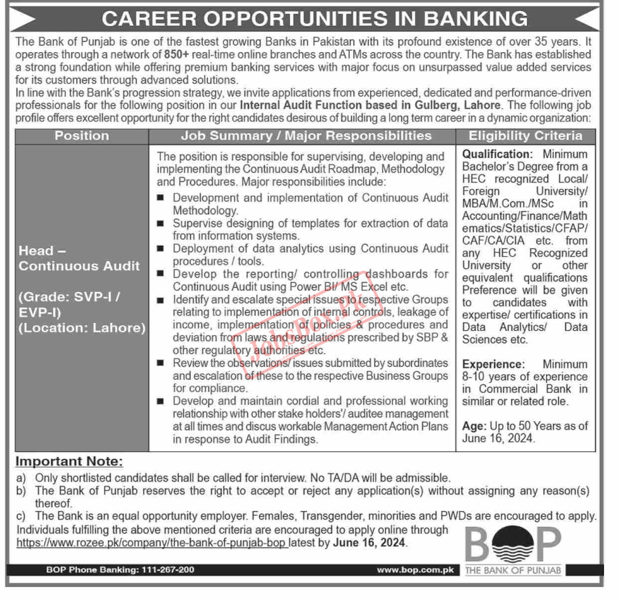 Punjab Bank BOP Jobs 2024