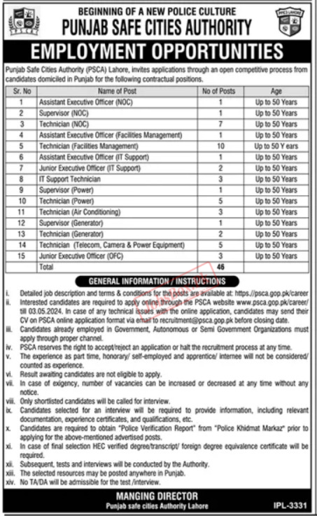 Punjab Safe Cities Authority PSCA Jobs 2024