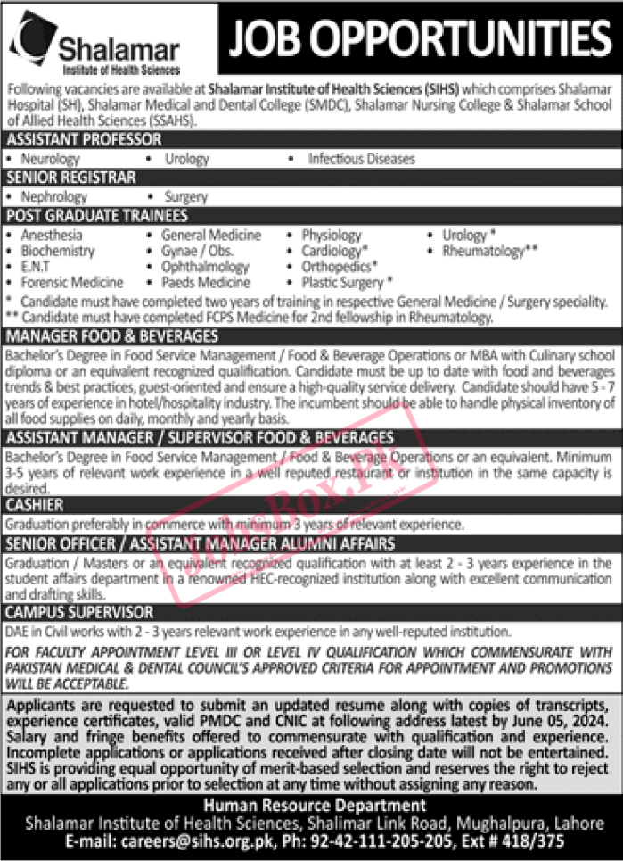 Shalamar Institute Of Health Sciences SIHS Jobs 2024