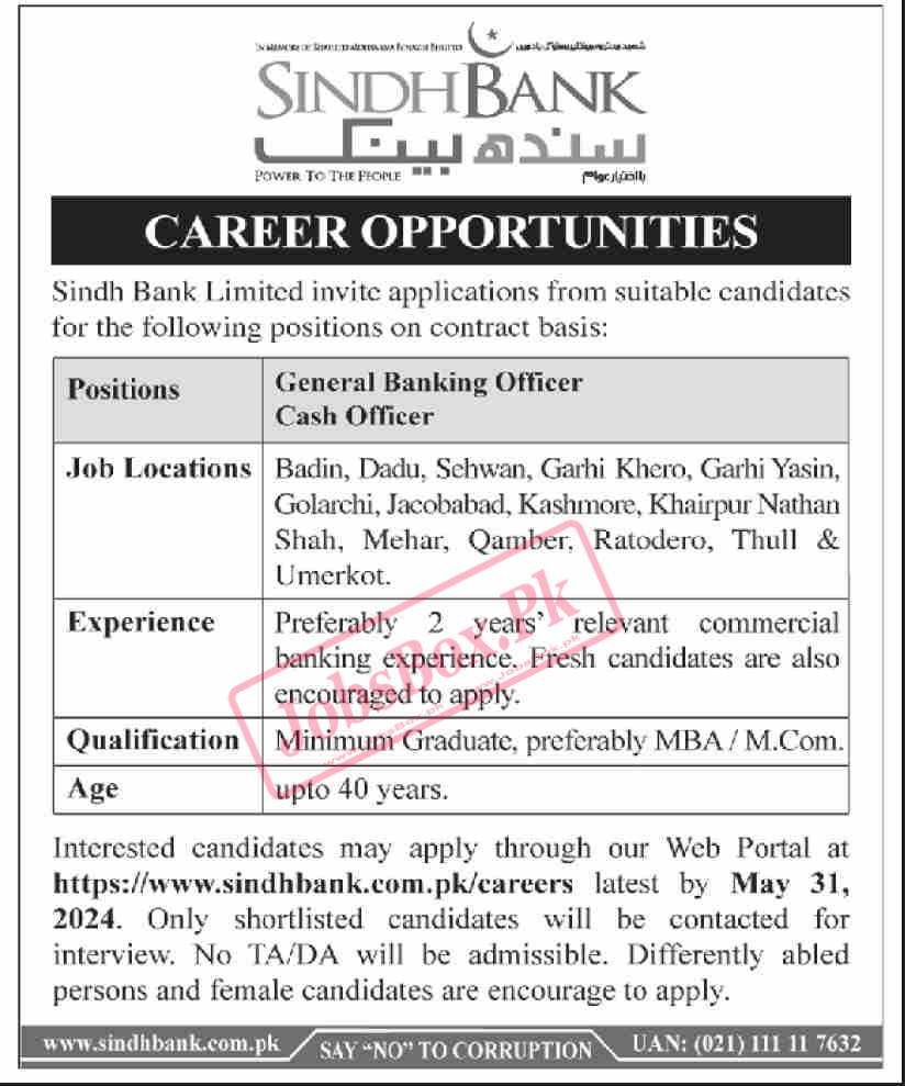 Sindh Bank Jobs 2024