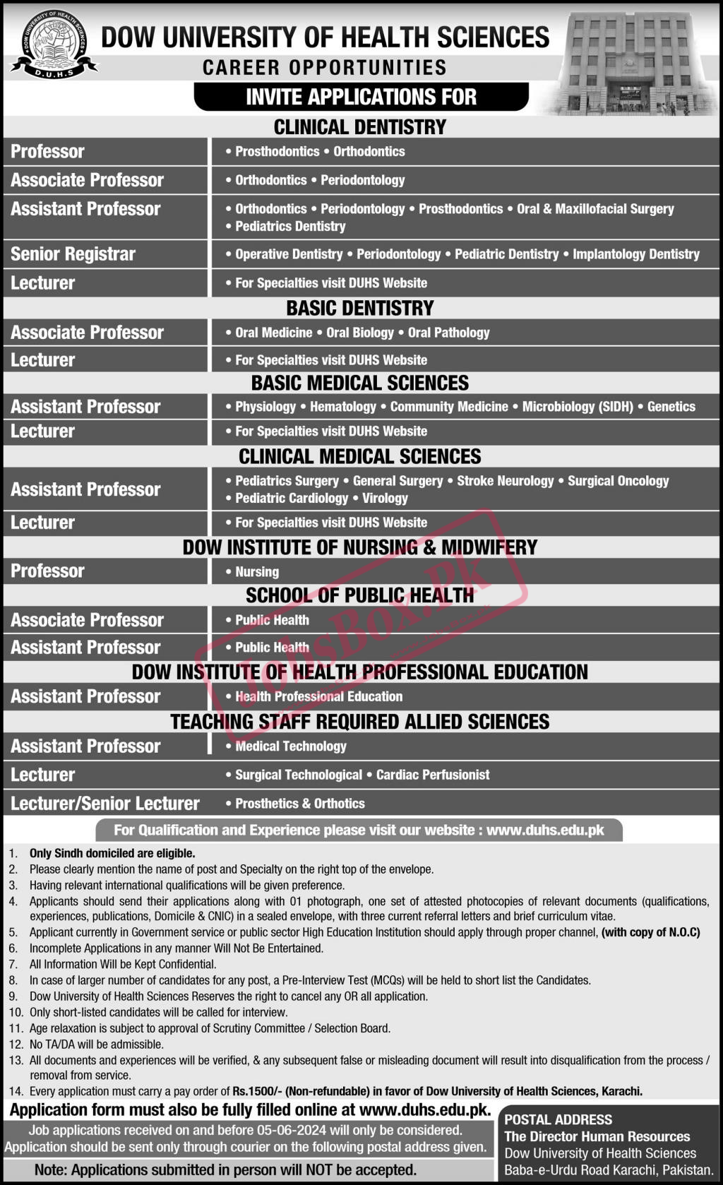 Dow University of Health Sciences DUHS Jobs 2024