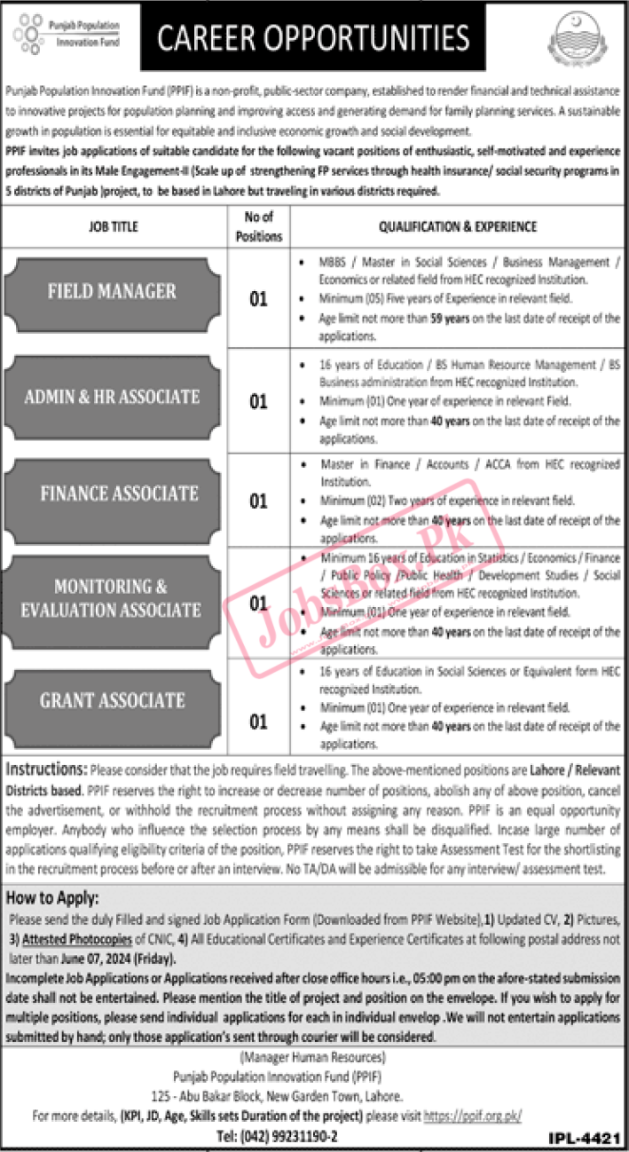 Punjab Population Innovation Fund PPIF Jobs 2024