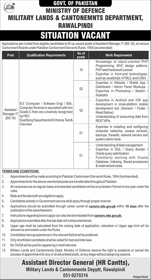 Military Lands & Cantonments Department Advertisement