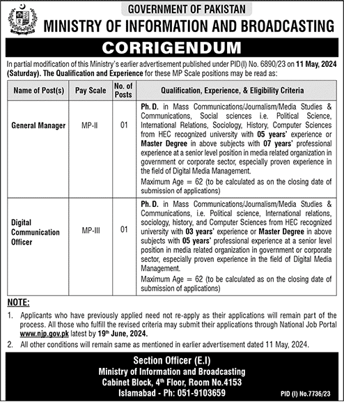 Ministry of Information and Broadcasting Jobs 2024